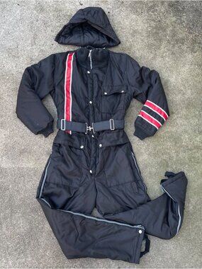 Vintage 80s Raven Ski Suit Snow Suit Womens S M Black Red Stripe Snow Bunny Goth